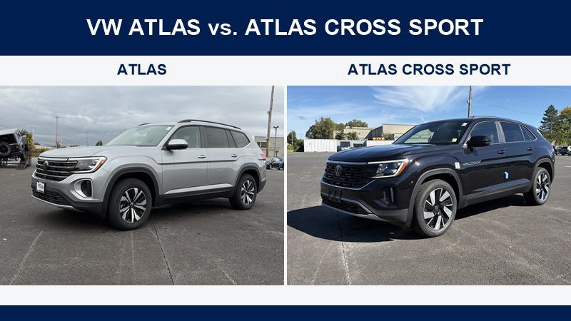 Comparison image showing a silver Volkswagen Atlas and a dark Volkswagen Atlas Cross Sport from Romeo Volkswagen of Kingston’s inventory.